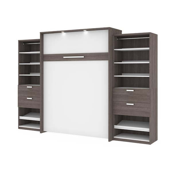 Cielo 125W Queen Murphy Bed and 2 Shelving Units with Drawers (124W), Bark Grey & White